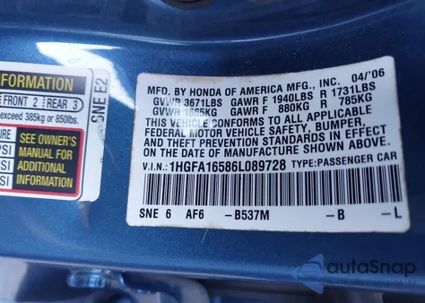 2006 Honda Civic Lx из США, поврежденный, VIN 1HGFA16586L089728